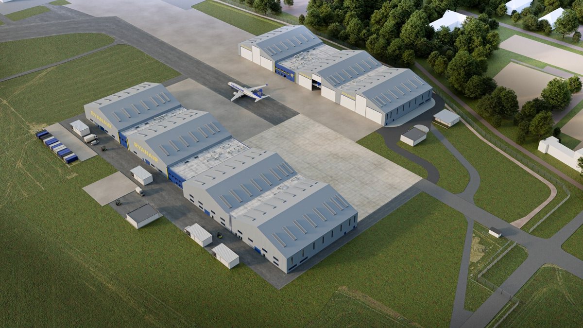 Wizualizacja hangarów obsługi technicznej Ryanair w Porcie Lotniczym Wrocław